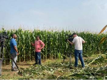 A behind the scenes shot of a camera man filming an interview with David Mwanaka, in front of a large crop field of white maize
